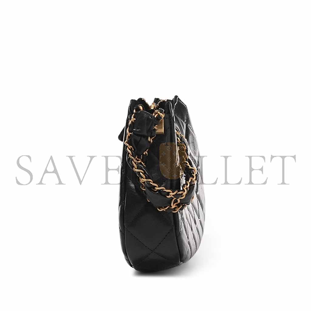 Ch*el black quilted lambskin hobo bag brushed gold hardware (20.5*12*4.5cm)